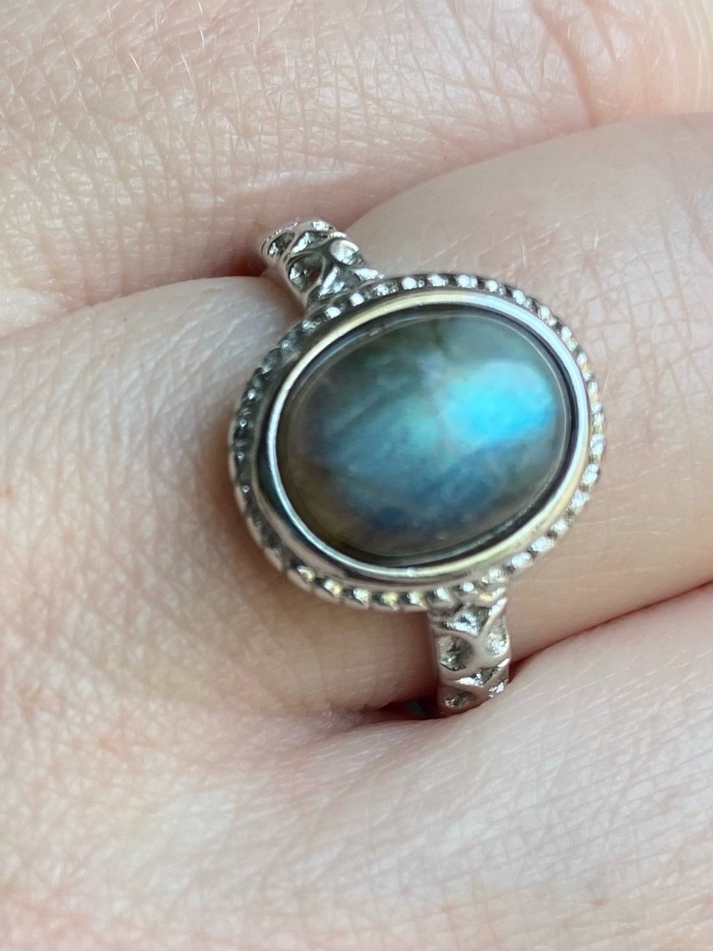 Silver Tone Labradorite Oval Halo Ring - Adjustable